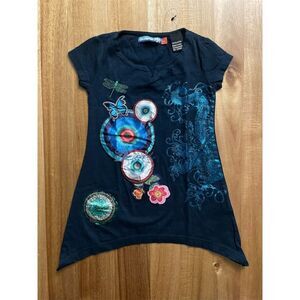 NWOT Desigual Size 4 Blue Floral Dragon V-Neck Tunic Top Short Sleeve Casual